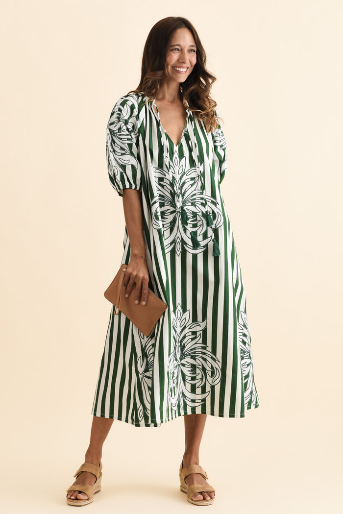 Ivanka Green Stripe Cotton Tie Dress,Brunette model,alt text|model:Cara