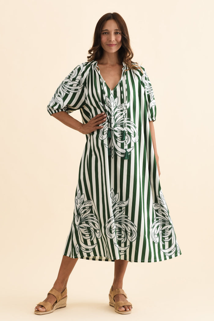 Ivanka Green Stripe Cotton Tie Dress,Brunette model,alt text|model:Cara