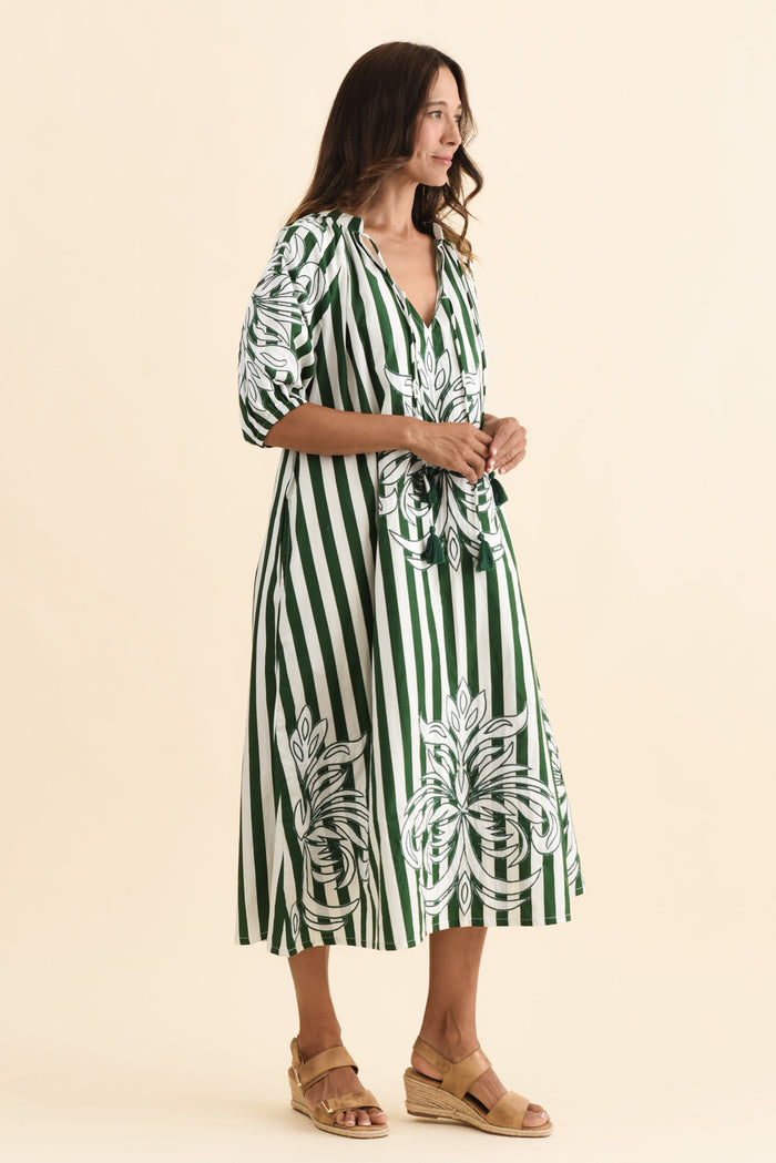 Ivanka Green Stripe Cotton Tie Dress,Brunette model,alt text|model:Cara