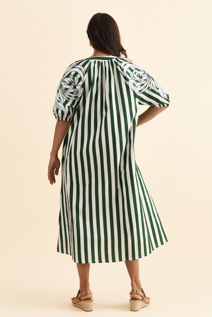 Ivanka Green Stripe Cotton Tie Dress,Brunette model,alt text|model:Cara