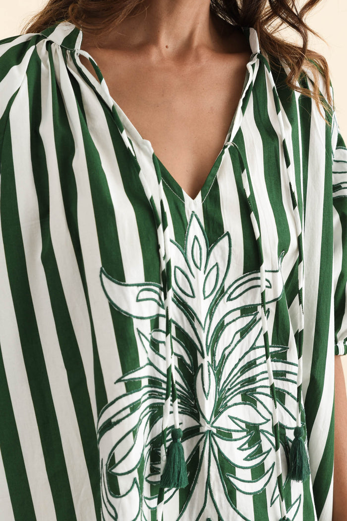 Ivanka Green Stripe Cotton Tie Dress,Brunette model,alt text|model:Cara