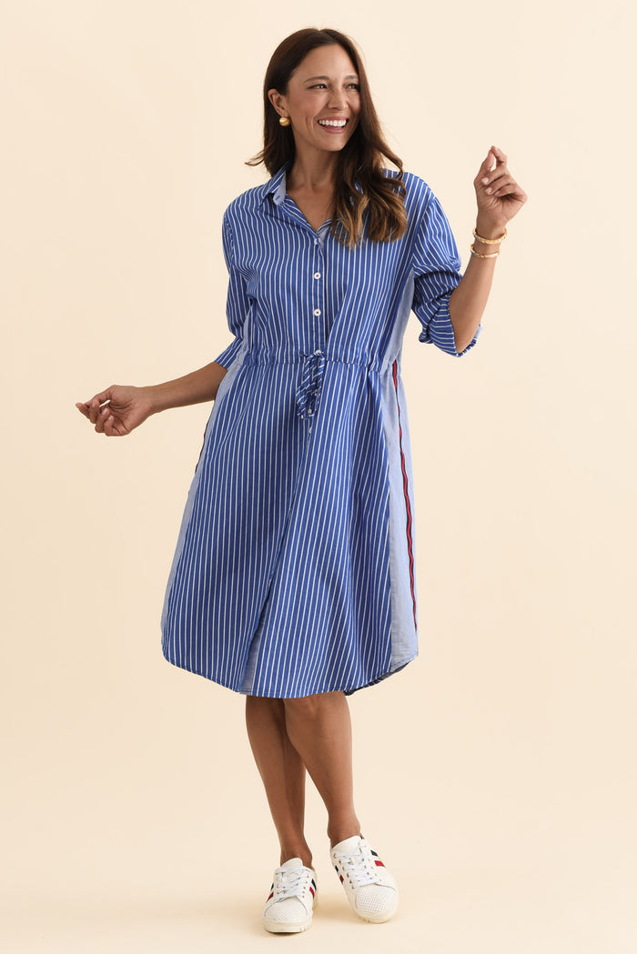 Ivy Blue Stripe Cotton Dress,Brunette model,alt text|model:Cara