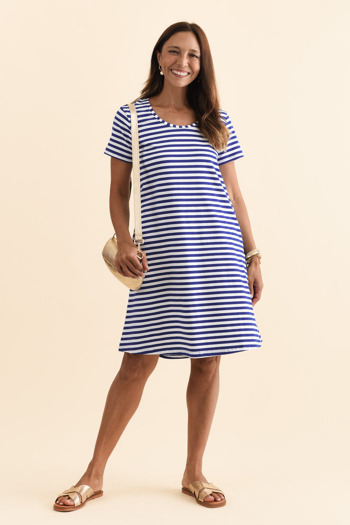 Izzy Cobalt Stripe Cotton Tee Dress,Brunette model,alt text|model:Cara