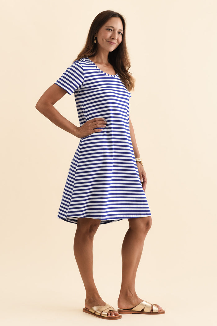 Izzy Cobalt Stripe Cotton Tee Dress,Brunette model,alt text|model:Cara