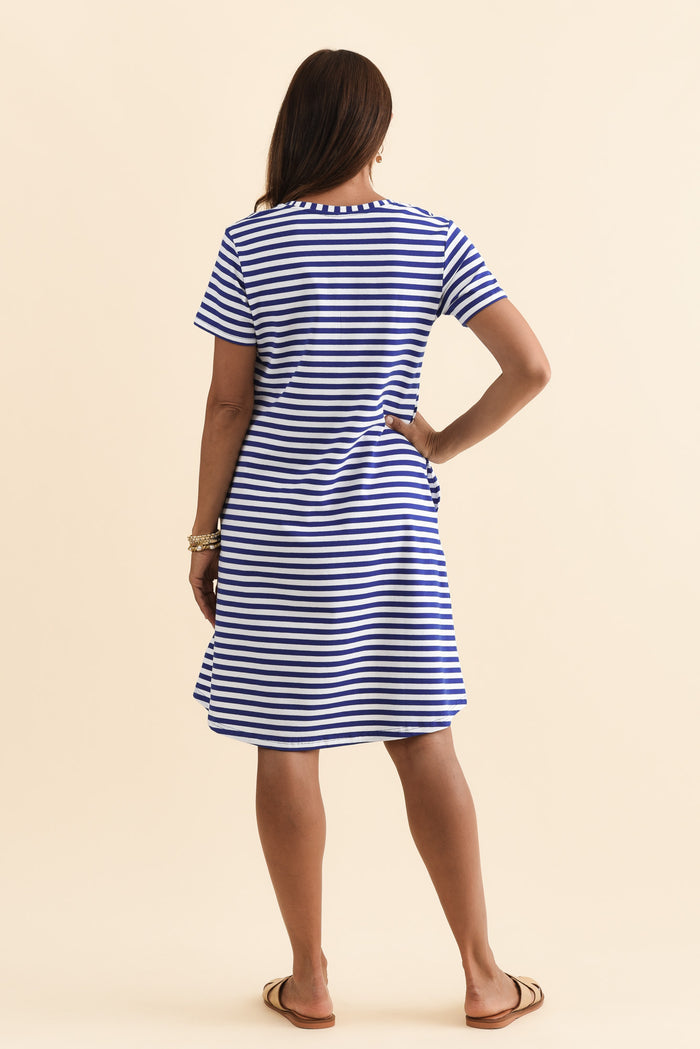 Izzy Cobalt Stripe Cotton Tee Dress,Brunette model,alt text|model:Cara