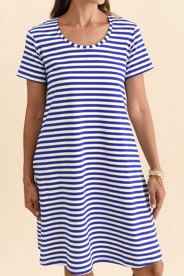 Izzy Cobalt Stripe Cotton Tee Dress,Brunette model,alt text|model:Cara
