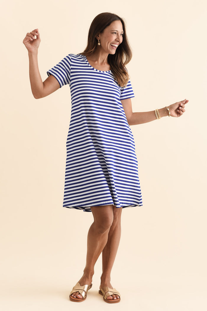 Izzy Cobalt Stripe Cotton Tee Dress,Brunette model,alt text|model:Cara