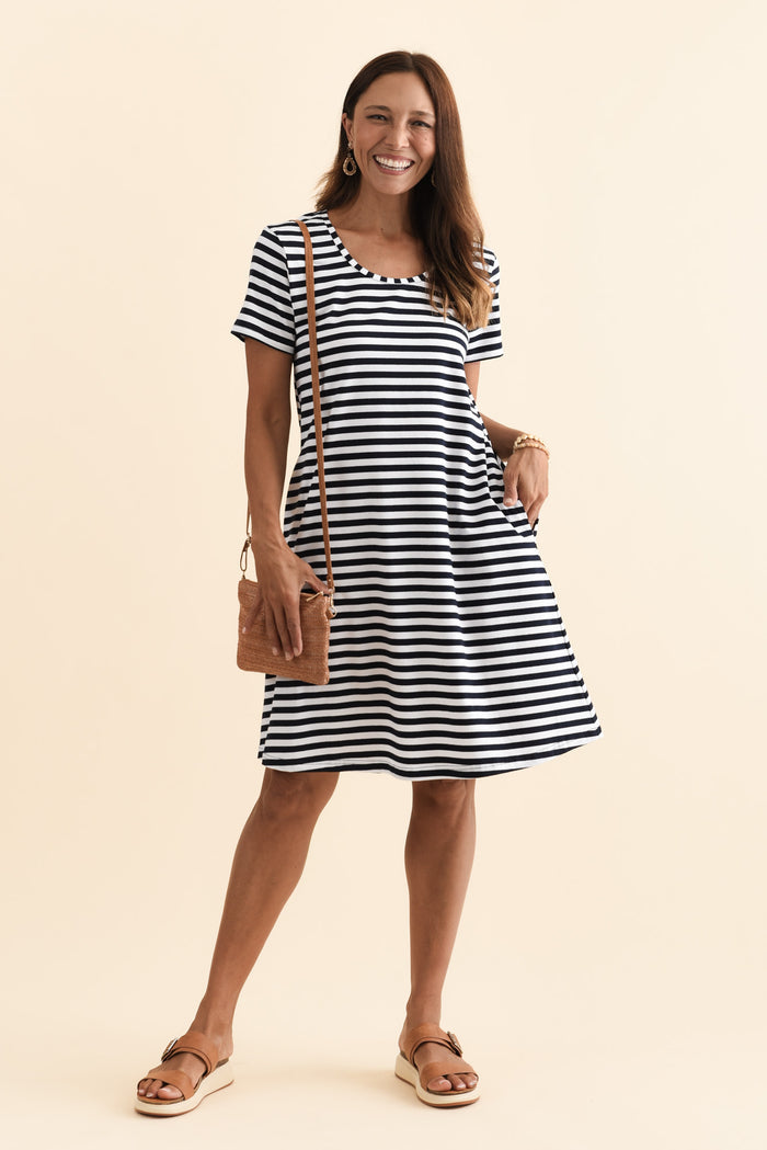 Izzy Navy Stripe Cotton Tee Dress,Brunette model,alt text|model:Cara