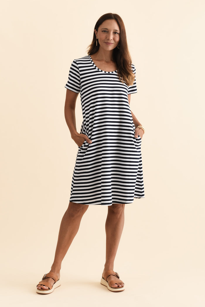 Izzy Navy Stripe Cotton Tee Dress,Brunette model,alt text|model:Cara