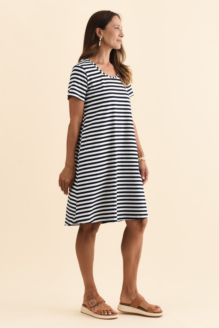 Izzy Navy Stripe Cotton Tee Dress,Brunette model,alt text|model:Cara