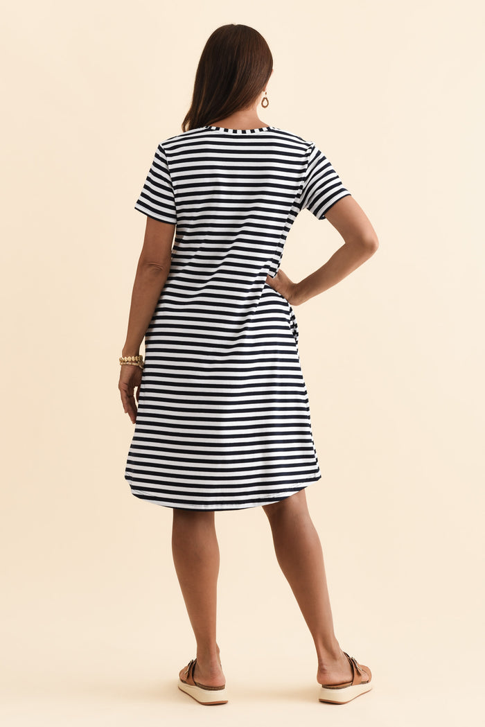 Izzy Navy Stripe Cotton Tee Dress,Brunette model,alt text|model:Cara