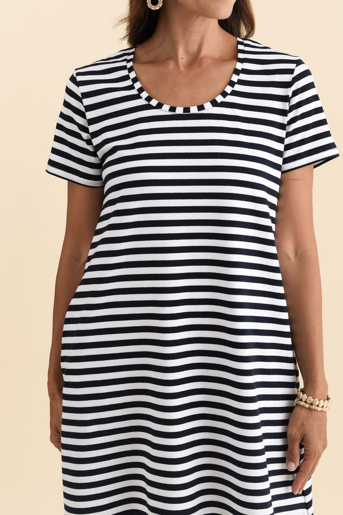 Izzy Navy Stripe Cotton Tee Dress,Brunette model,alt text|model:Cara