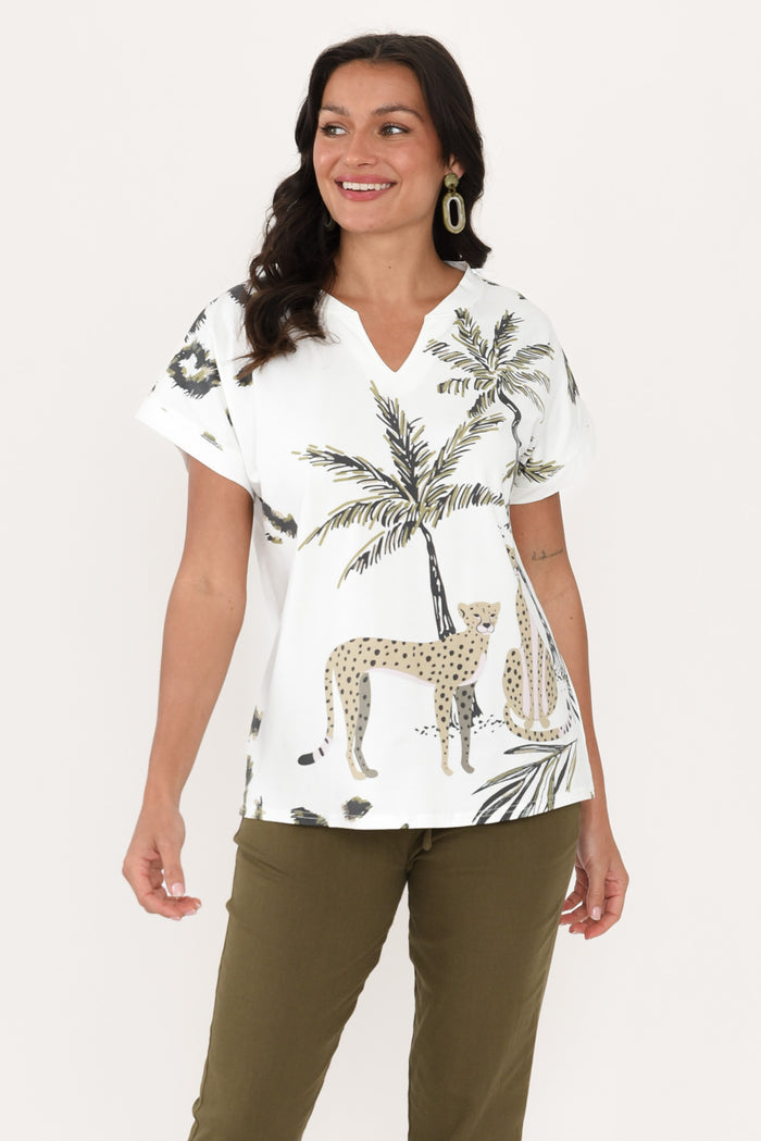 Jacinda White Jungle Cotton Top,Brunette model,alt text|model:Brontie