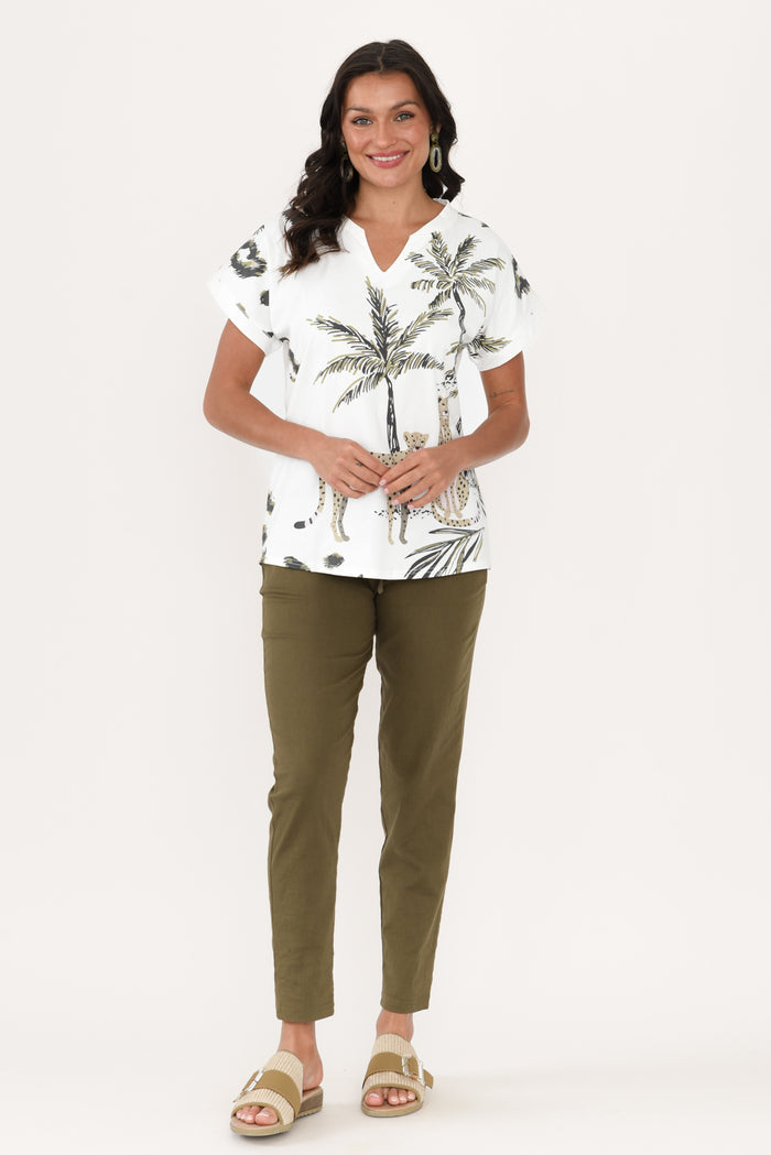 Jacinda White Jungle Cotton Top,Brunette model,alt text|model:Brontie