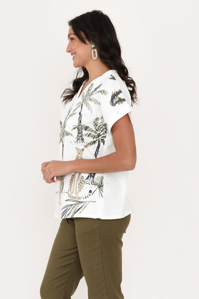 Jacinda White Jungle Cotton Top,Brunette model,alt text|model:Brontie