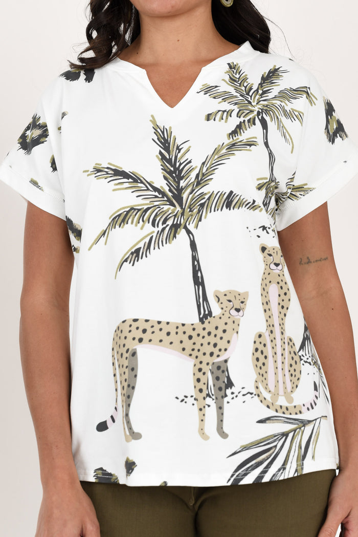 Jacinda White Jungle Cotton Top,Brunette model,alt text|model:Brontie