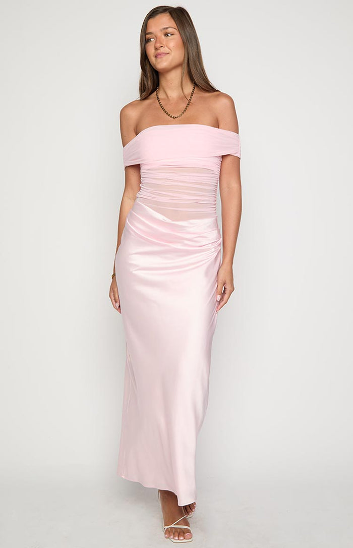 Pink off-shoulder maxi dress with a ruched mesh bodice and a draped satin skirt