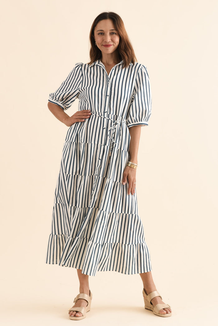 Jane Navy Stripe Linen Shirt Dress,Front,Brunette model,alt text|model:Cara