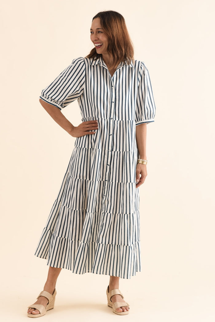 Jane Navy Stripe Linen Shirt Dress,Full Body,Brunette model,alt text|model:Cara