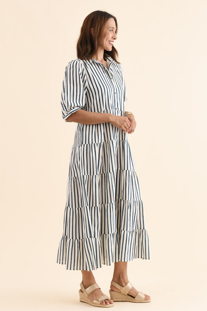 Jane Navy Stripe Linen Shirt Dress,Side,Brunette model,alt text|model:Cara