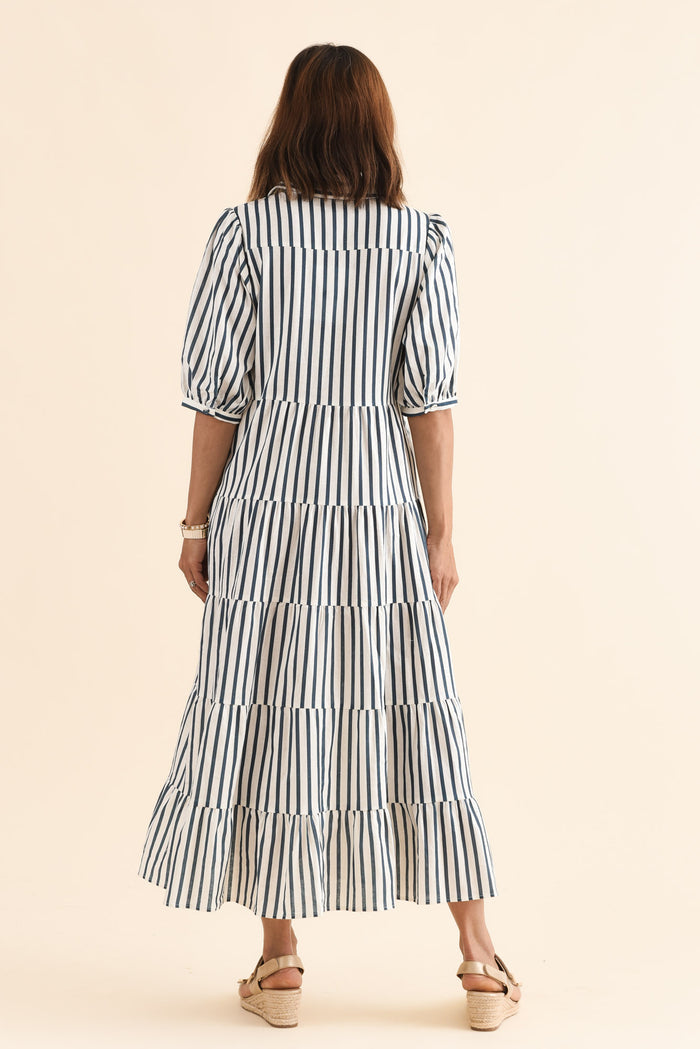 Jane Navy Stripe Linen Shirt Dress,Back,Brunette model,alt text|model:Cara