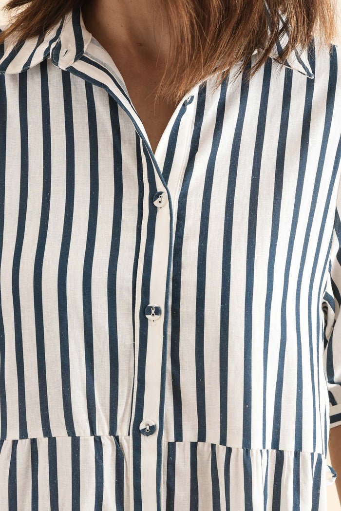 Jane Navy Stripe Linen Shirt Dress,Detail,Brunette model,alt text|model:Cara