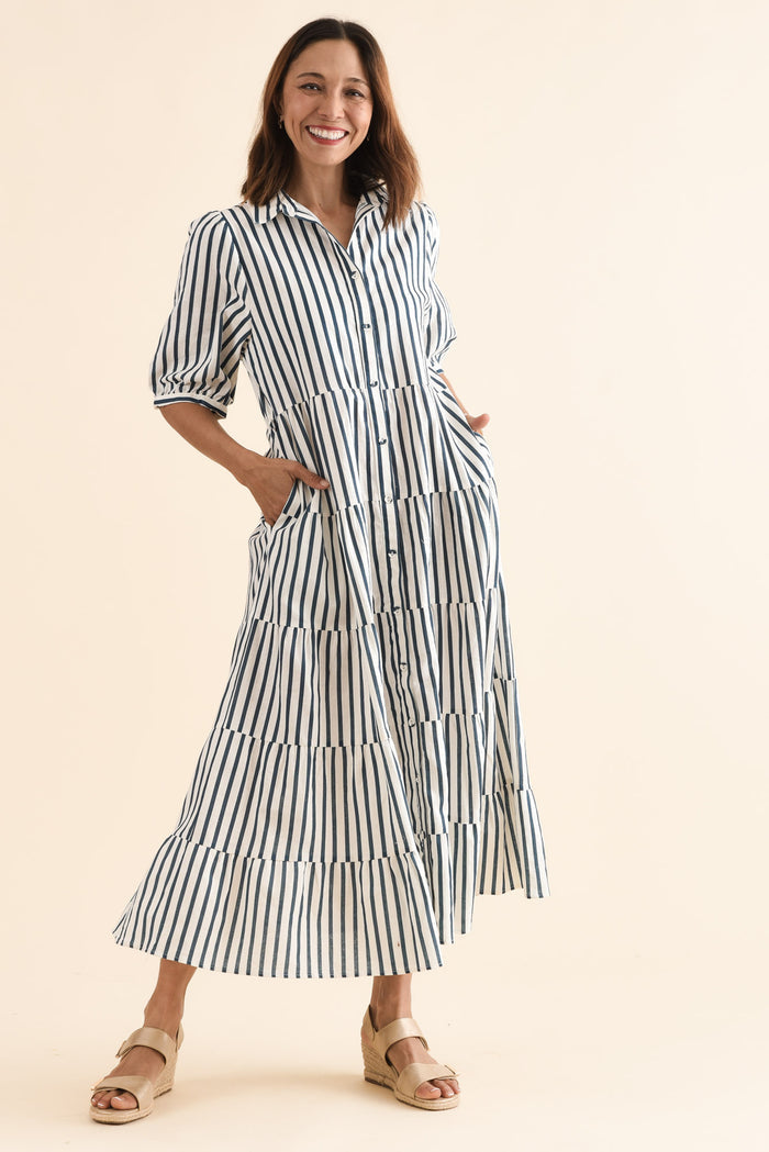 Jane Navy Stripe Linen Shirt Dress,Full Body,Brunette model,alt text|model:Cara