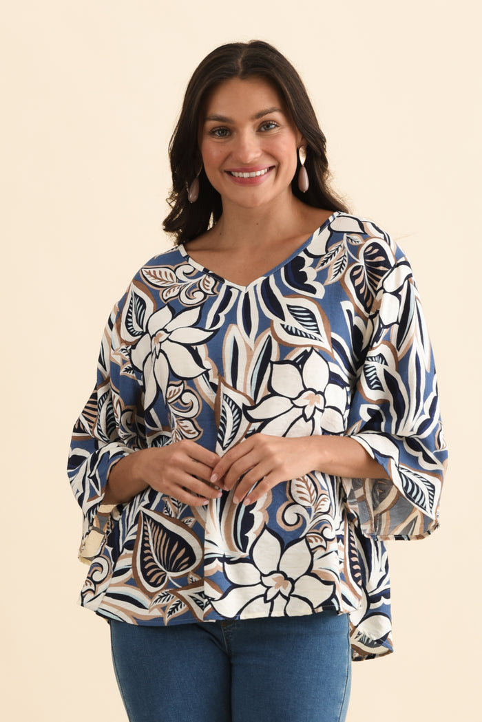 Janelle Blue Abstract V Neck Top,Brunette model,alt text|model:Brontie