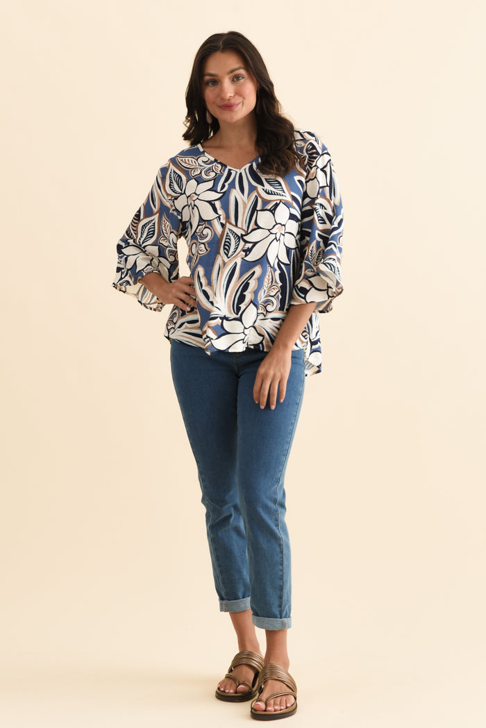 Janelle Blue Abstract V Neck Top,Brunette model,alt text|model:Brontie