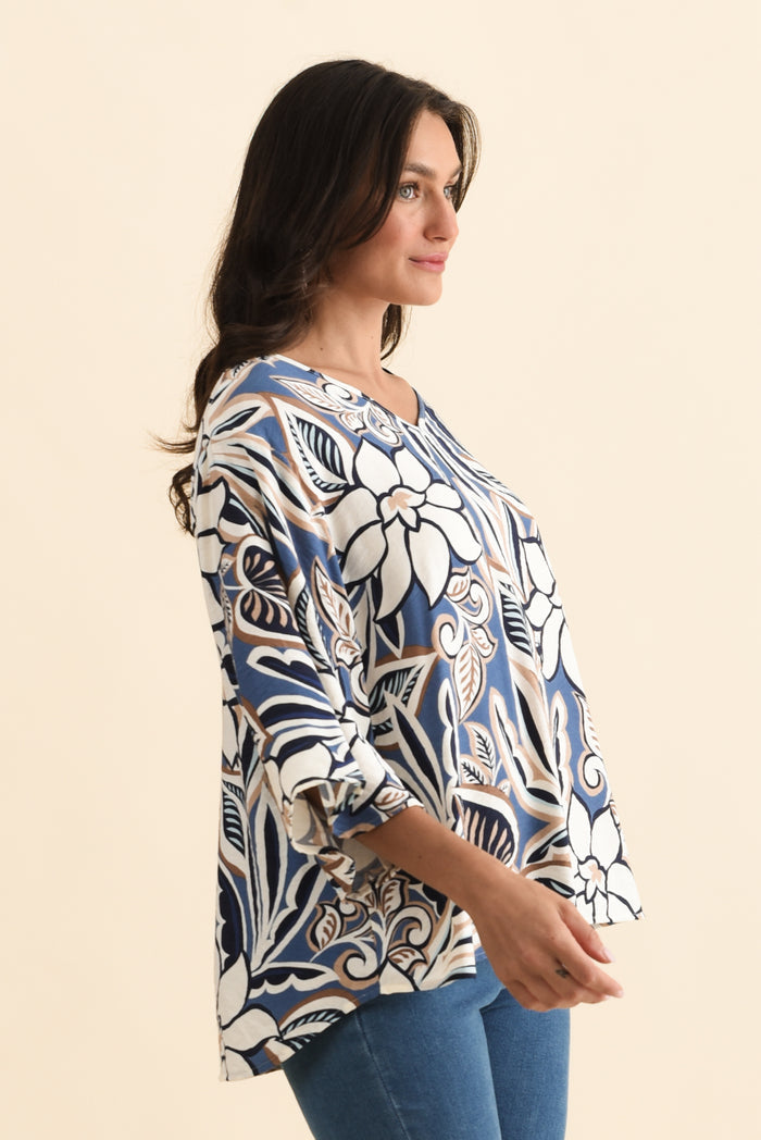 Janelle Blue Abstract V Neck Top,Brunette model,alt text|model:Brontie