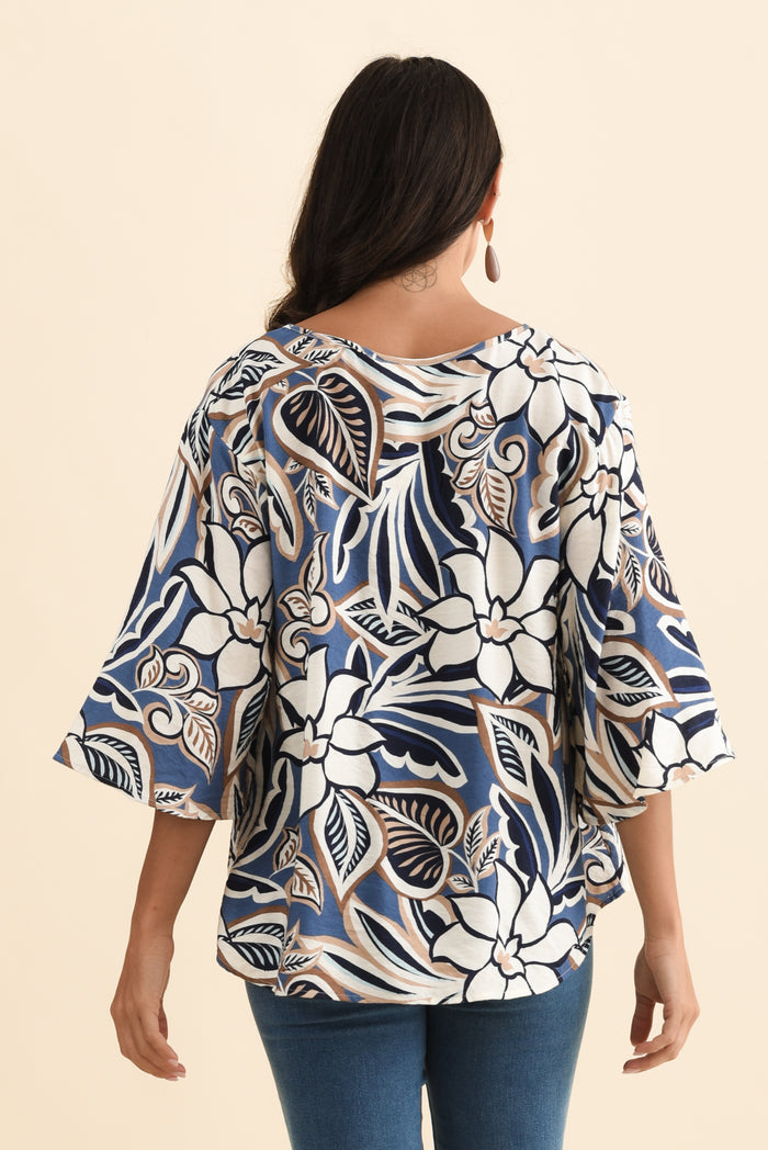Janelle Blue Abstract V Neck Top,Brunette model,alt text|model:Brontie
