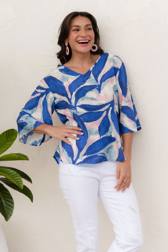 Janelle Blue Leaf V Neck Top,Lifestyle