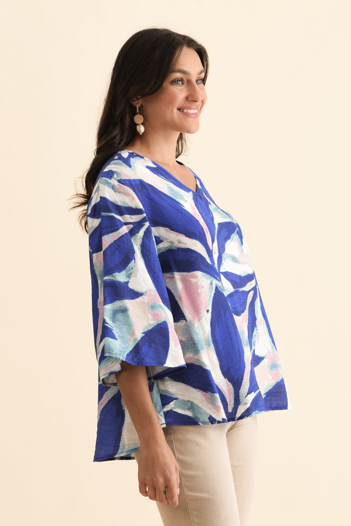 Janelle Blue Leaf V Neck Top,Brunette model,alt text|model:Brontie