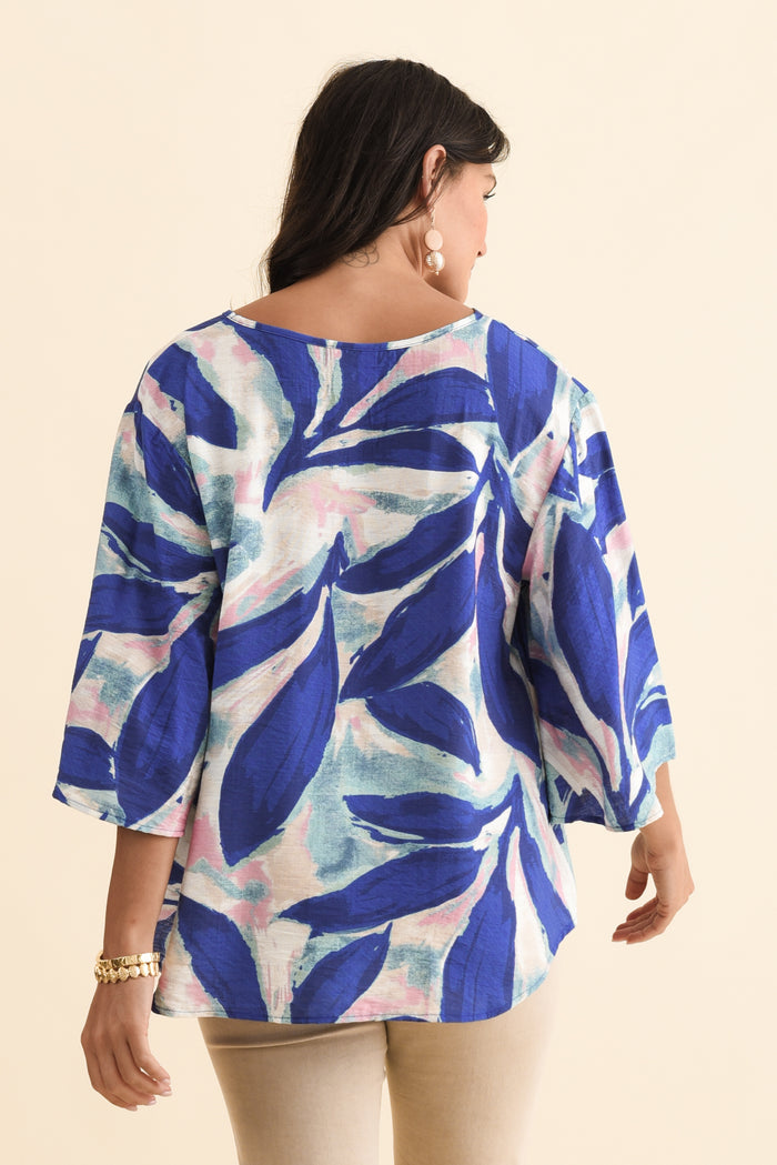 Janelle Blue Leaf V Neck Top,Brunette model,alt text|model:Brontie