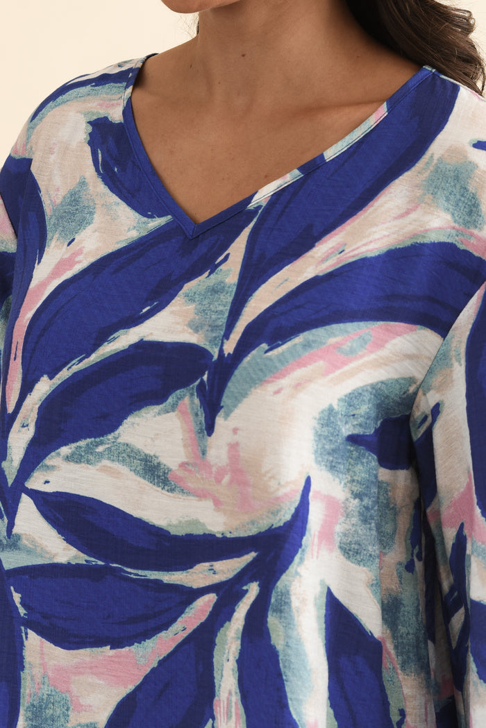 Janelle Blue Leaf V Neck Top,Brunette model,alt text|model:Brontie