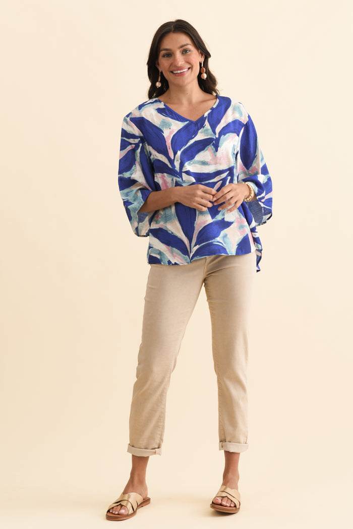 Janelle Blue Leaf V Neck Top,Brunette model,alt text|model:Brontie