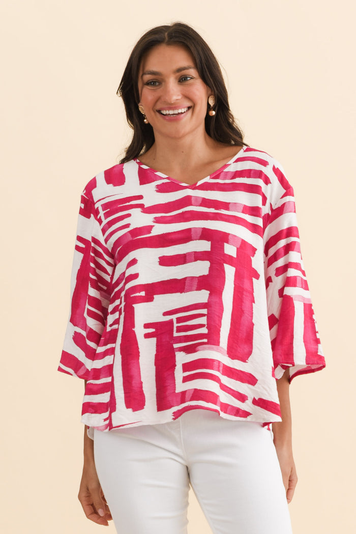Janelle Pink Geo V Neck Top,Brunette model,alt text|model:Brontie
