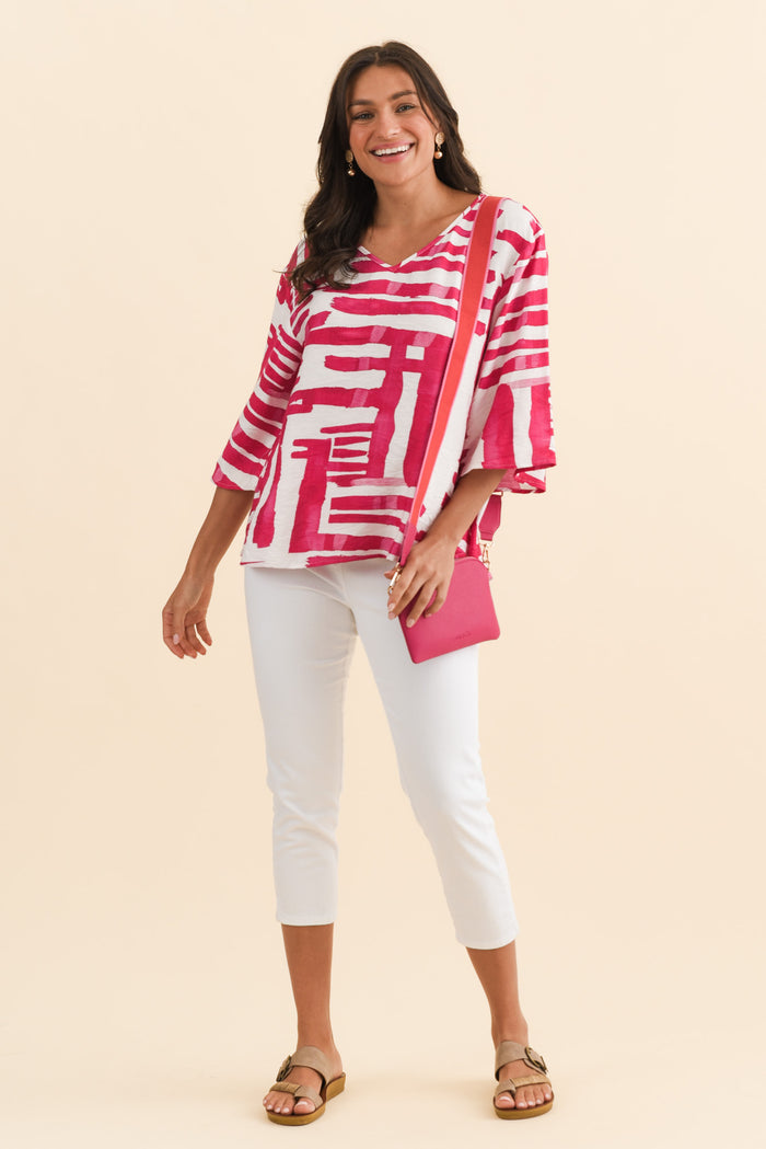 Janelle Pink Geo V Neck Top,Brunette model,alt text|model:Brontie