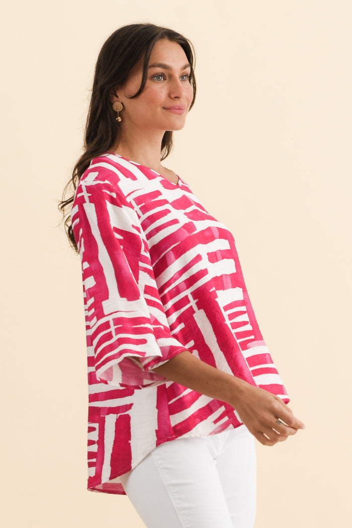 Janelle Pink Geo V Neck Top,Brunette model,alt text|model:Brontie