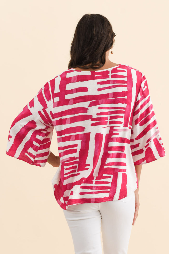 Janelle Pink Geo V Neck Top,Brunette model,alt text|model:Brontie