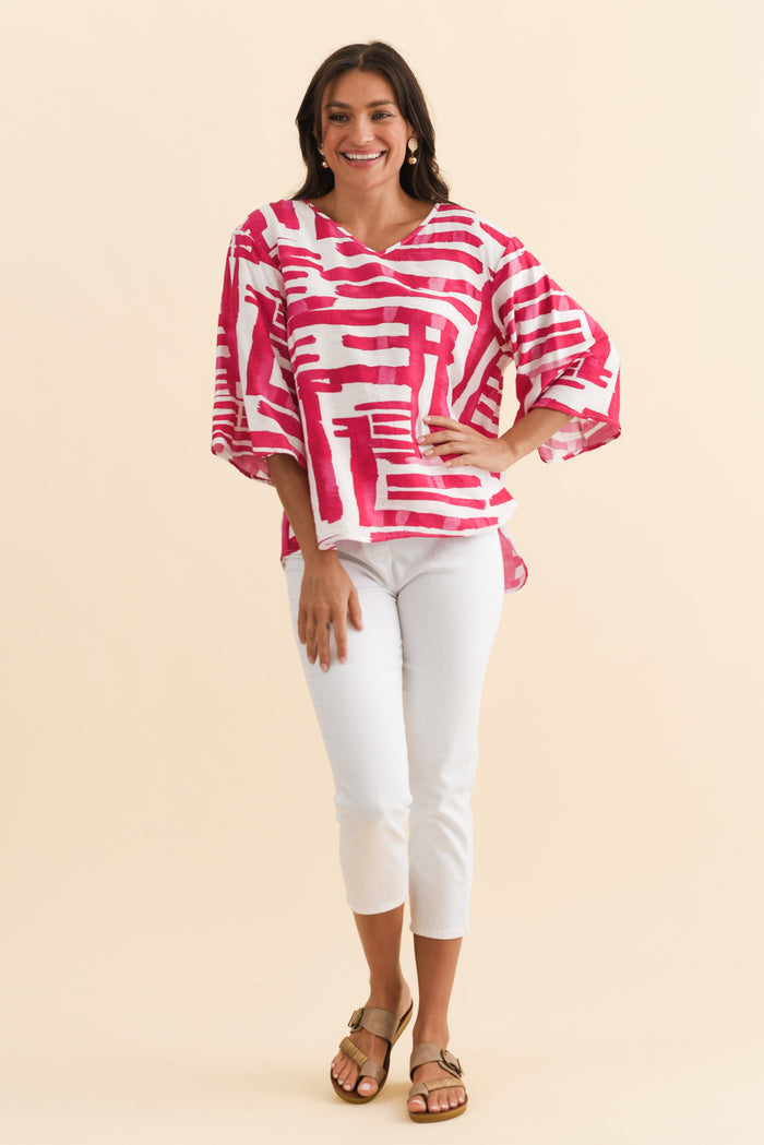 Janelle Pink Geo V Neck Top,Brunette model,alt text|model:Brontie