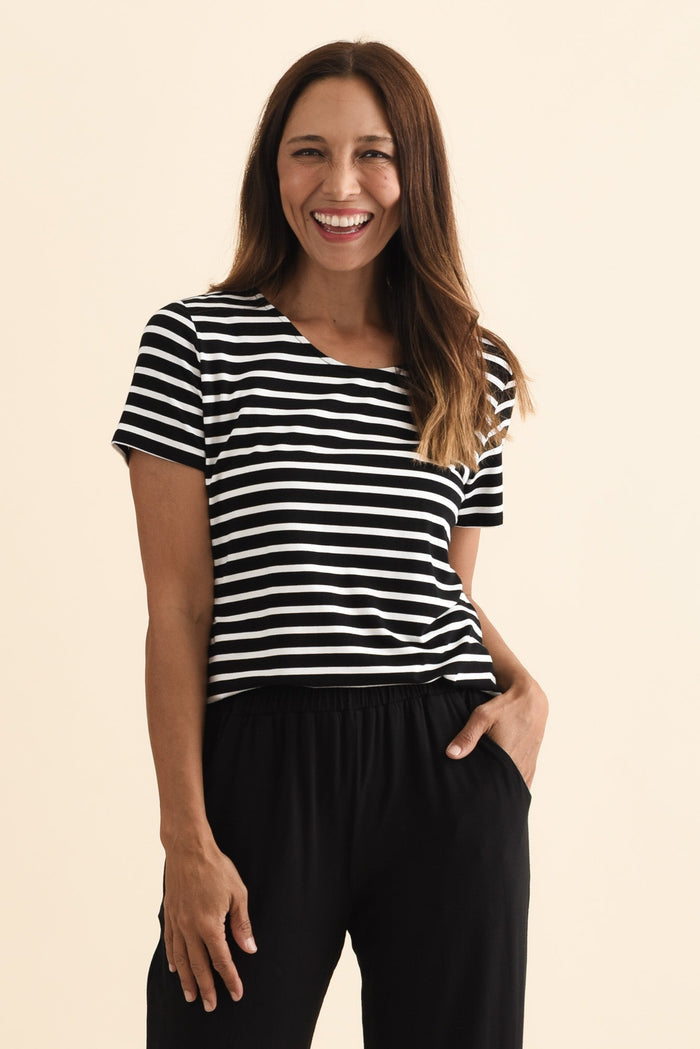 Janis Black Stripe Bamboo Tee,Brunette model,alt text|model:Cara