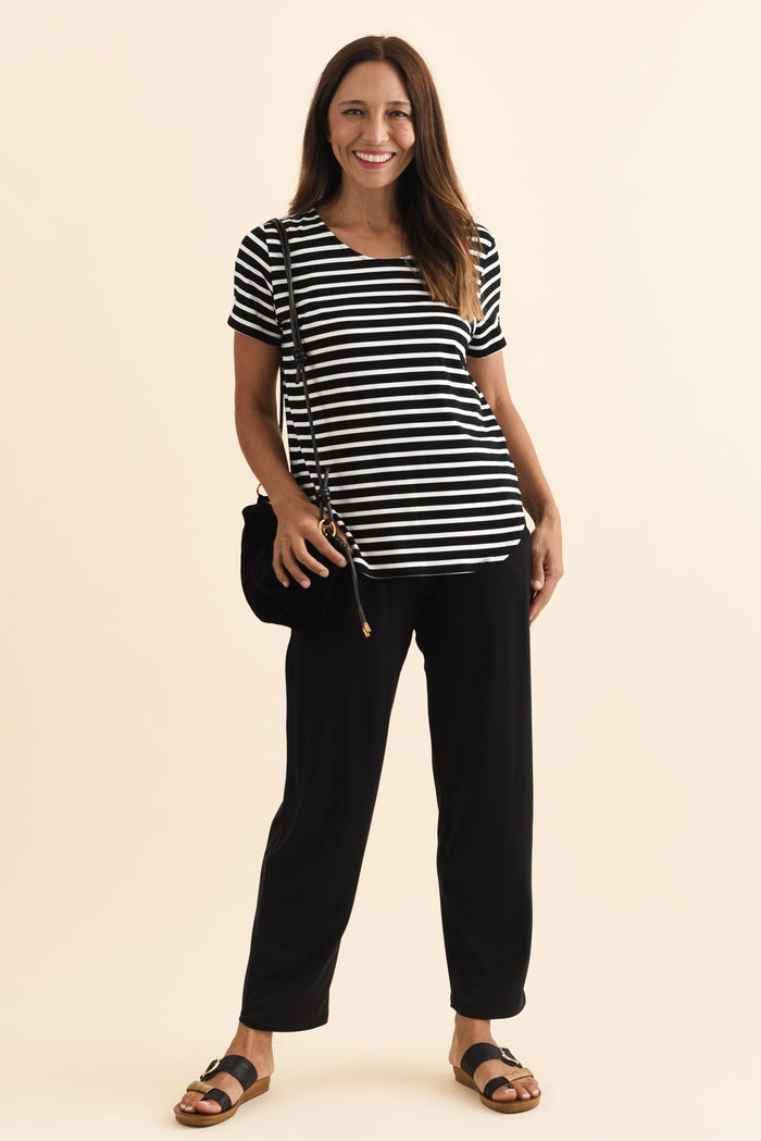 Janis Black Stripe Bamboo Tee,Brunette model,alt text|model:Cara