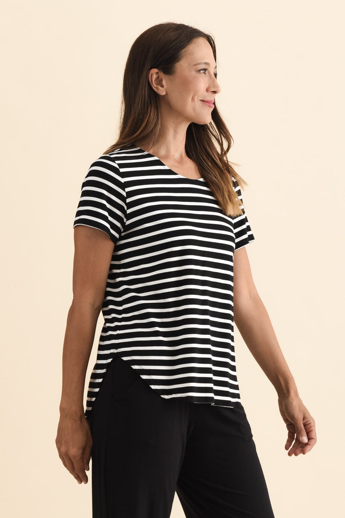 Janis Black Stripe Bamboo Tee,Brunette model,alt text|model:Cara