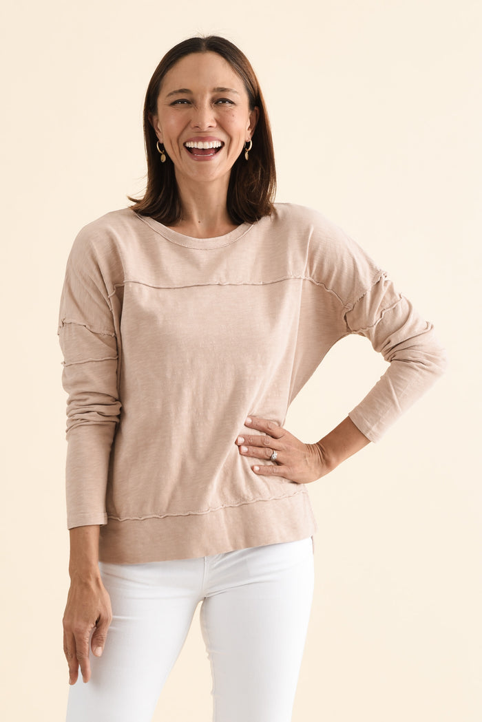 Jayne Beige Cotton Throw On Top,brunette model,Front of Outfit,alt text|model:Cara