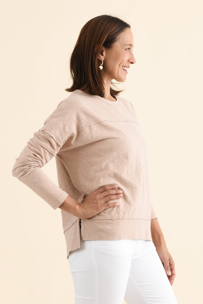 Jayne Beige Cotton Throw On Top,brunette model,Side of Outfit,alt text|model:Cara