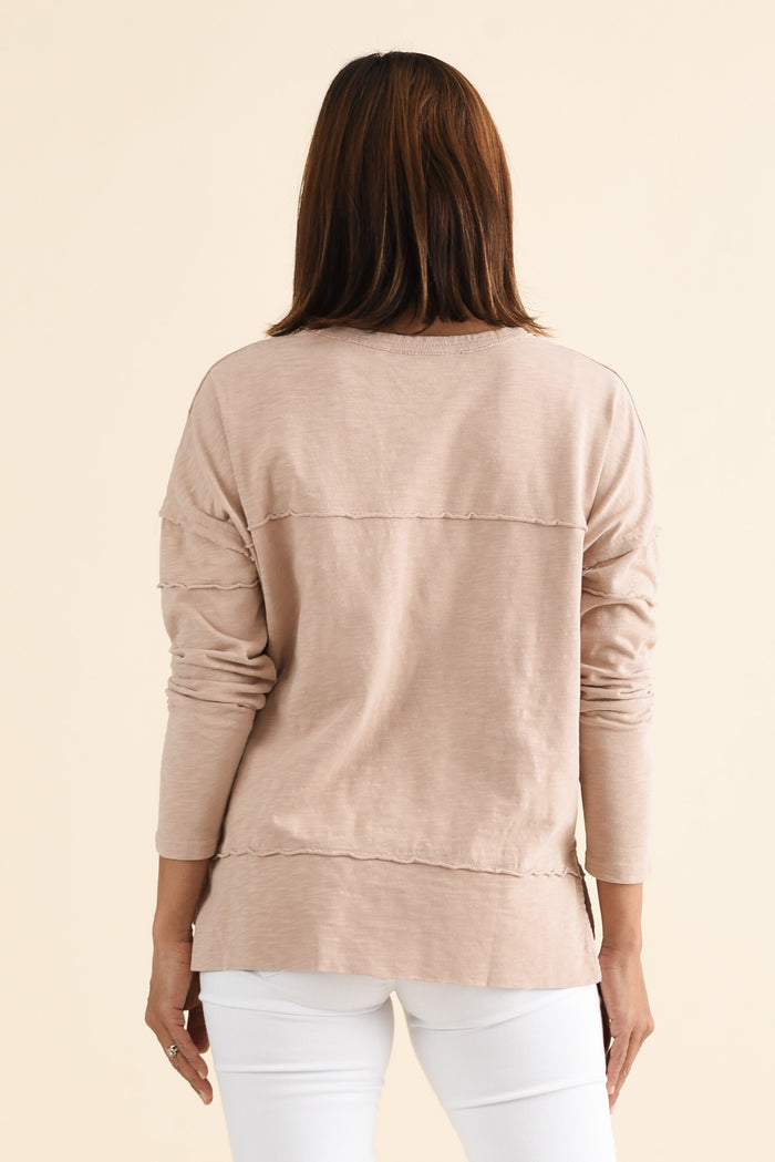 Jayne Beige Cotton Throw On Top,brunette model,Back of Outfit,alt text|model:Cara