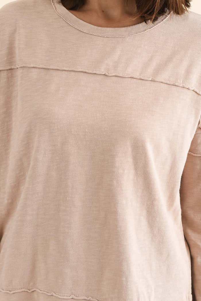 Jayne Beige Cotton Throw On Top,brunette model,Close up of outfit,alt text|model:Cara