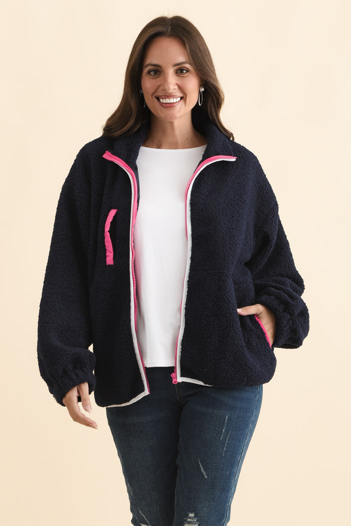 Jayne Navy Contrast Fleece Jacket,Brunette model,alt text|model:MJ