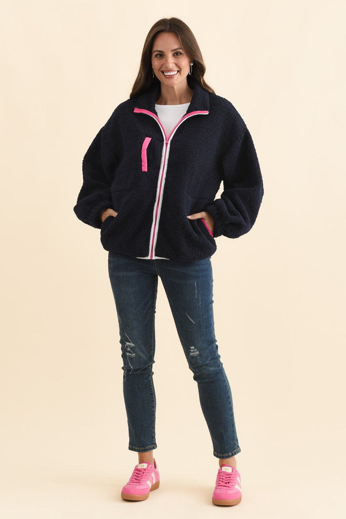 Jayne Navy Contrast Fleece Jacket,Brunette model,alt text|model:MJ
